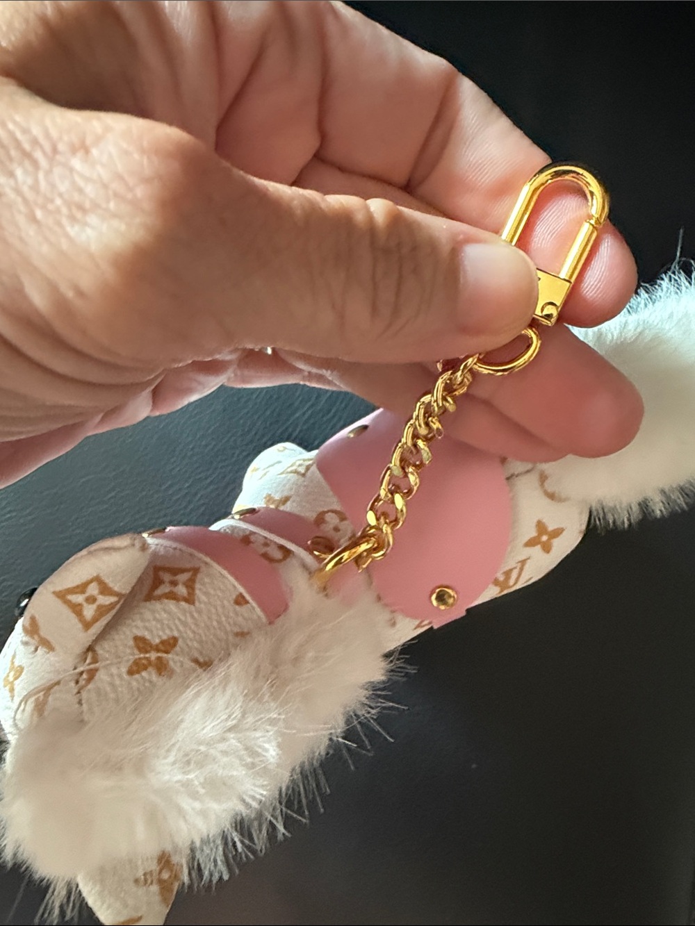 Designer-Style Pink & White Plush Keychain - Picture 4 of 4
